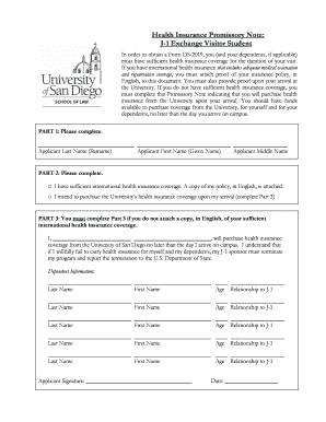 J-1 Exchange Visitor Student Health Insurance Promissory Note