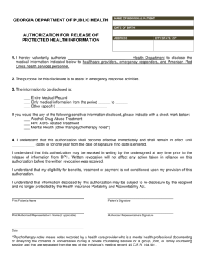 Georgia Authorization for Release of Protected Health Information