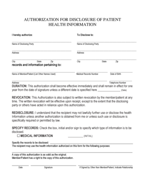 Authorization for Disclosure of Patient Health Information