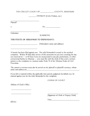 Arkansas Civil Summons Form