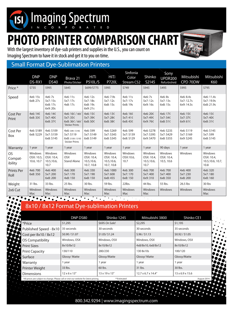 Fillable Online PHOTO PRINTER COMPARISON CHART Fax Email Print pdfFiller