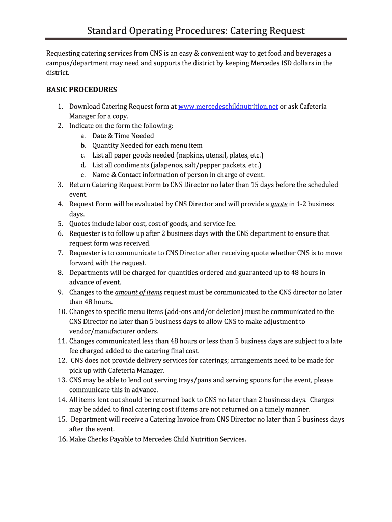 Fillable Online Standard Operating Procedures Catering Request Fax