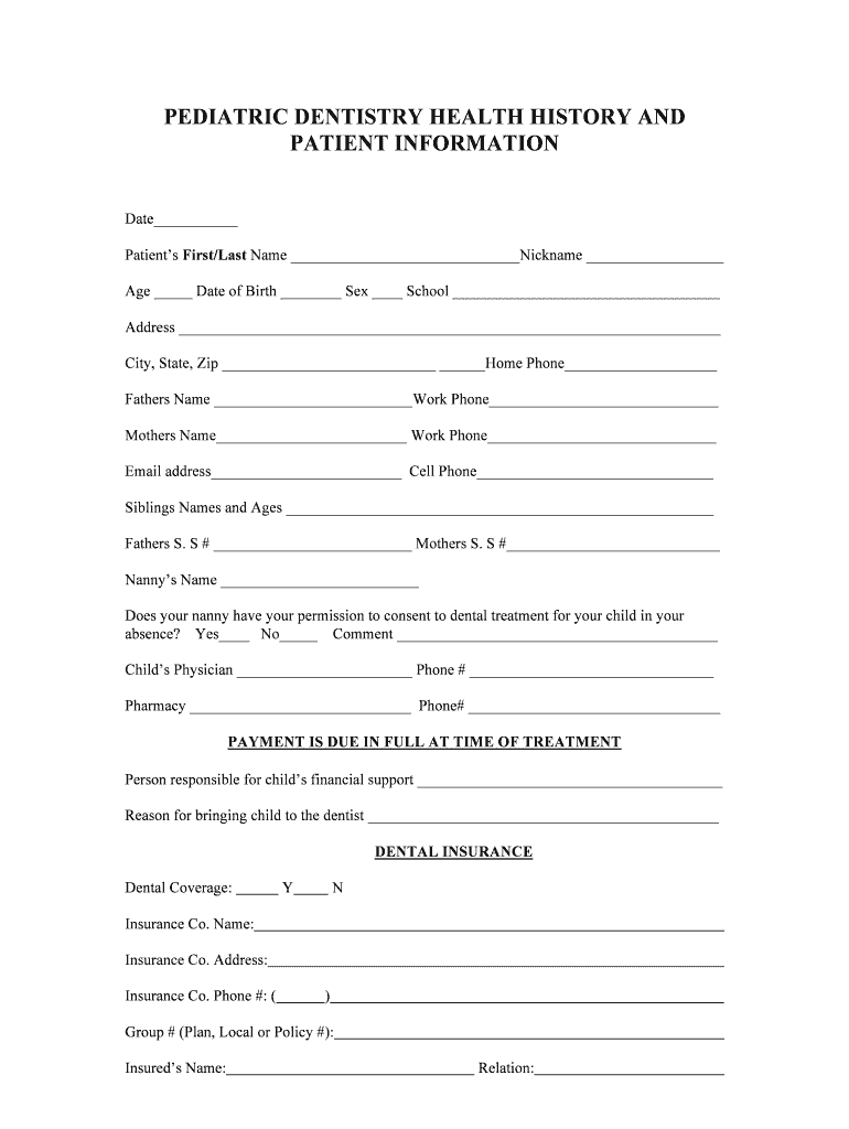 Fillable Online PEDIATRIC DENTISTRY HEALTH HISTORY AND Fax Email Print