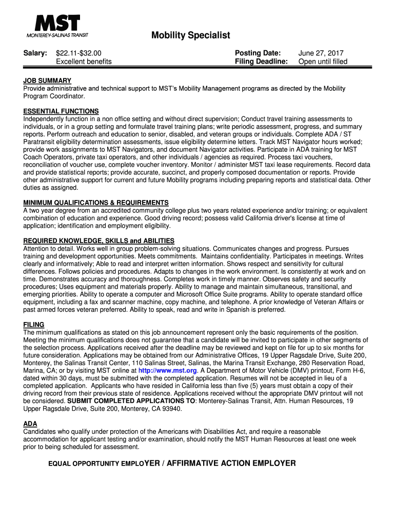 Fillable Online Mobility Specialist Fax Email Print pdfFiller