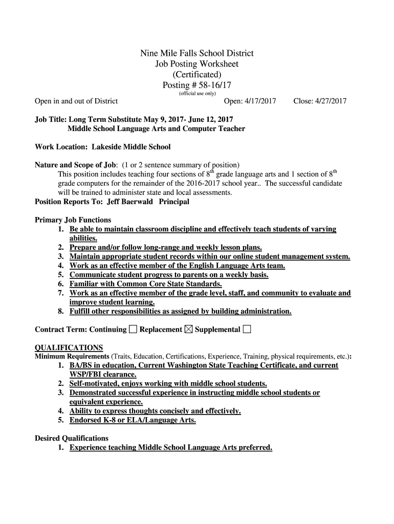 Fillable Online Nine Mile Falls School District Fax Email Print pdfFiller