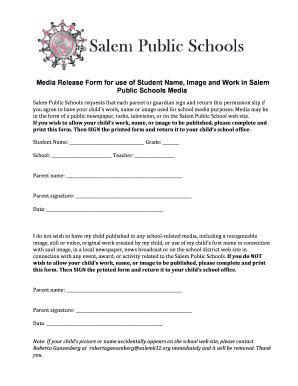 Media Release Form for use of Student Name, Image and Work in Salem