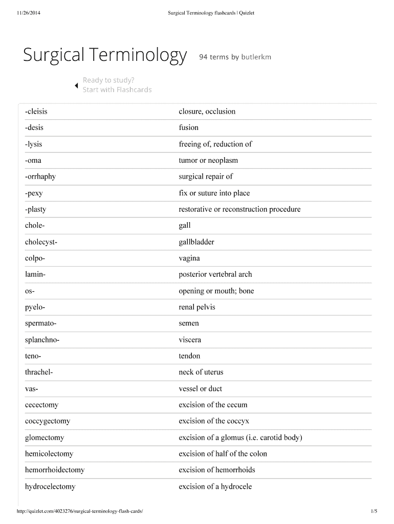 Fillable Online Surgical Terminology flashcards Quizlet Fax Email Print