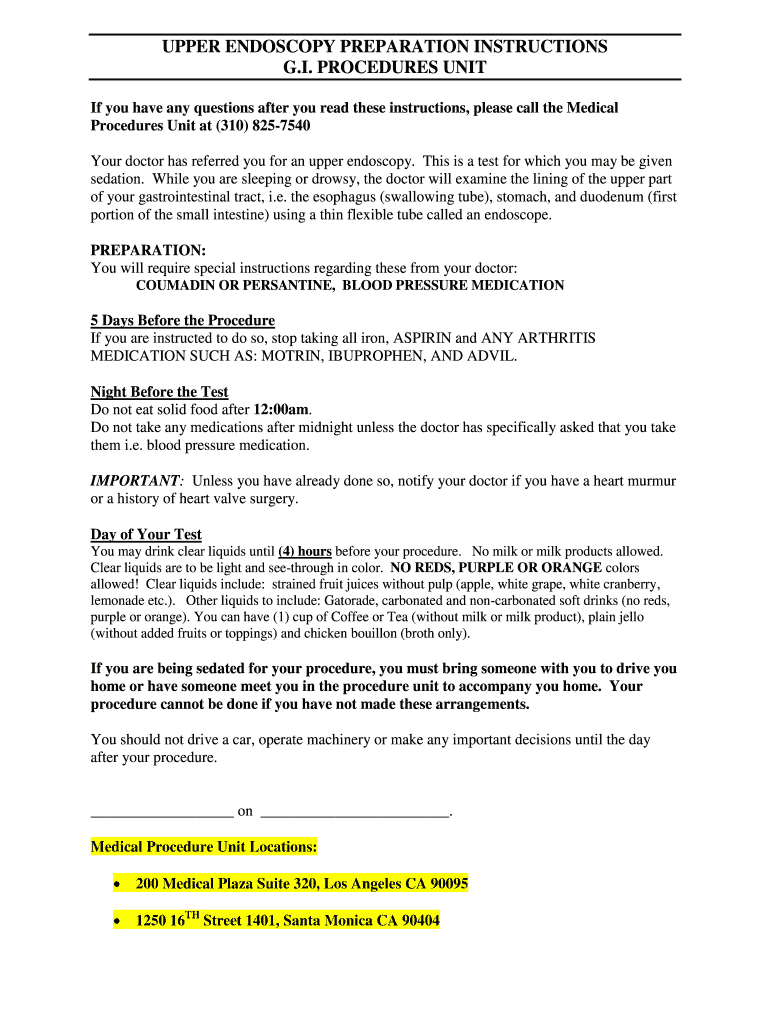 Fillable Online UPPER ENDOSCOPY PREPARATION INSTRUCTIONS Fax Email