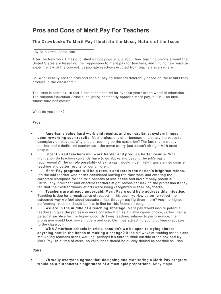 Fillable Online Pros and Cons of Merit Pay For Teachers Fax Email Print