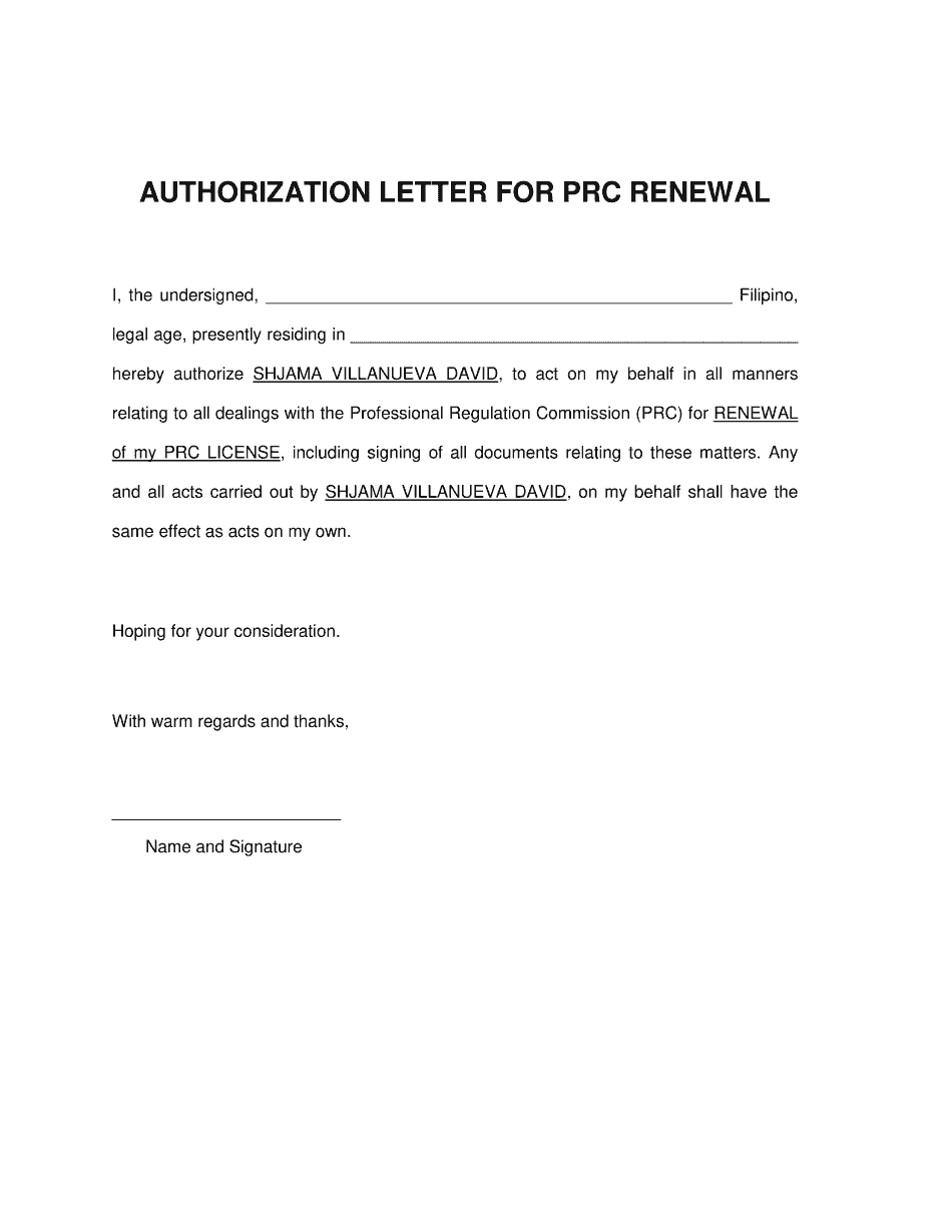 PRC Authorization Letter Form