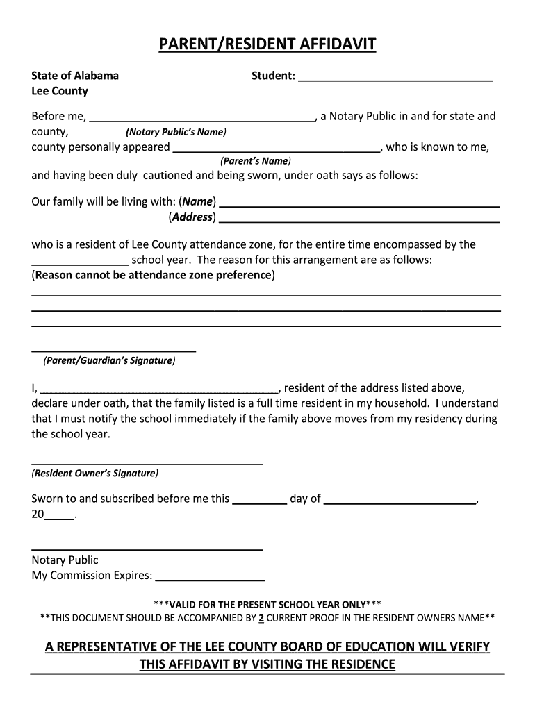 PARENT RESIDENT AFFIDAVIT Preview on Page 1