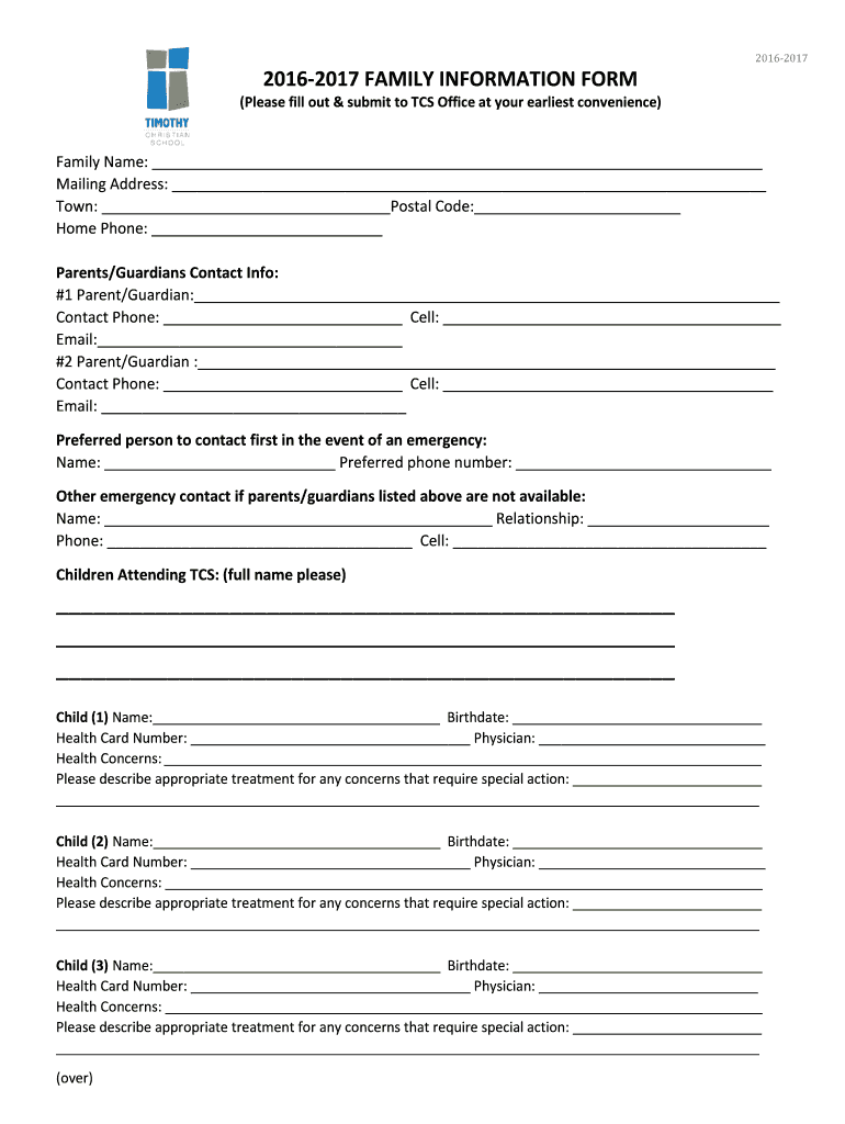 Fillable Online 2016-2017 FAMILY INFORMATION FORM Fax Email Print ...