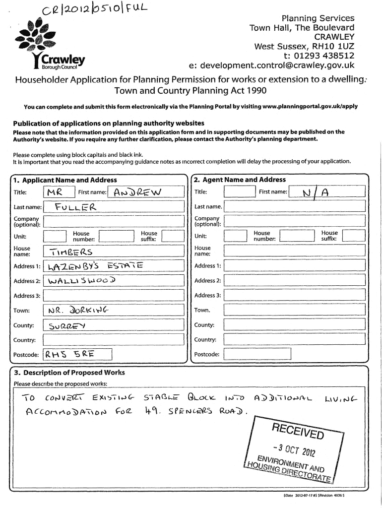 Fillable Online Householder Application for Planning Permission for