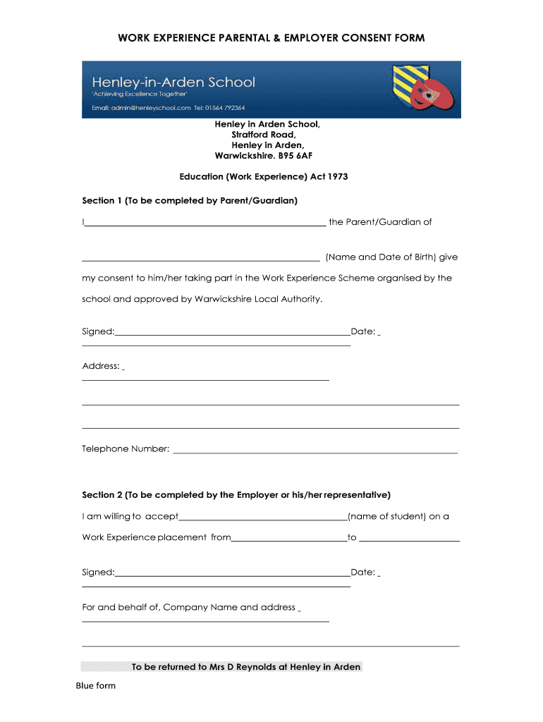Fillable Online WORK EXPERIENCE PARENTAL &amp; EMPLOYER CONSENT FORM Fax ...