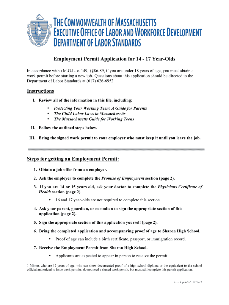 Fillable Online Employment Permit Application for 14 - 17 Year-Olds Fax