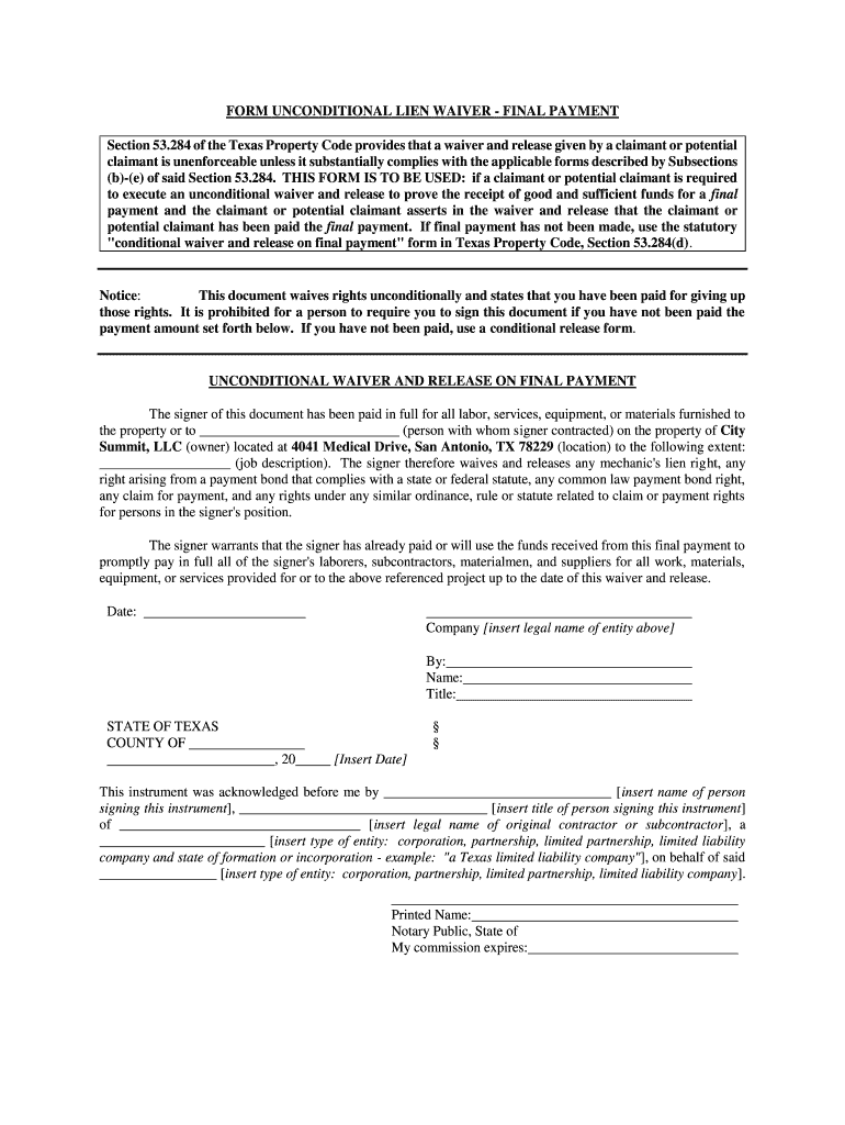 Fillable Online 284 of the Texas Property Code provides that a waiver