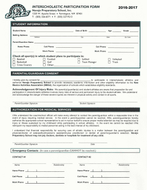 Fillable Online 2016-2017 Interscholastic Participation Form Fax Email ...