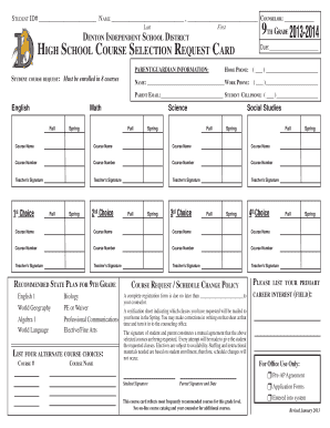 High School Course Selection Request Card