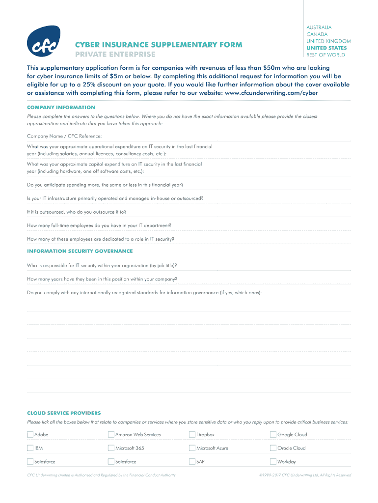 CYBER INSURANCE SUPPLEMENTARY FORM Preview on Page 1