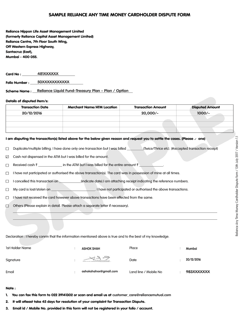 Fillable Online SAMPLE RELIANCE ANY TIME MONEY CARDHOLDER DISPUTE FORM ...