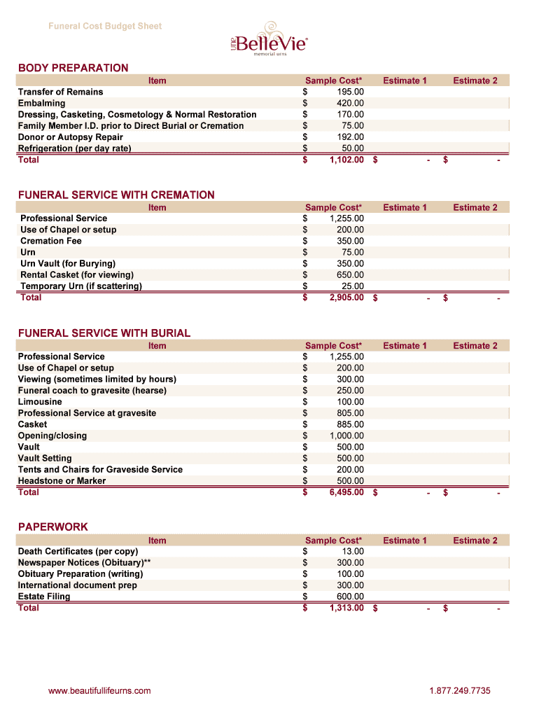 Funeral Cost Budget Sheet Preview on Page 1
