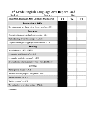 Fillable Online 4th Grade English Language Arts Report Card Fax Email ...