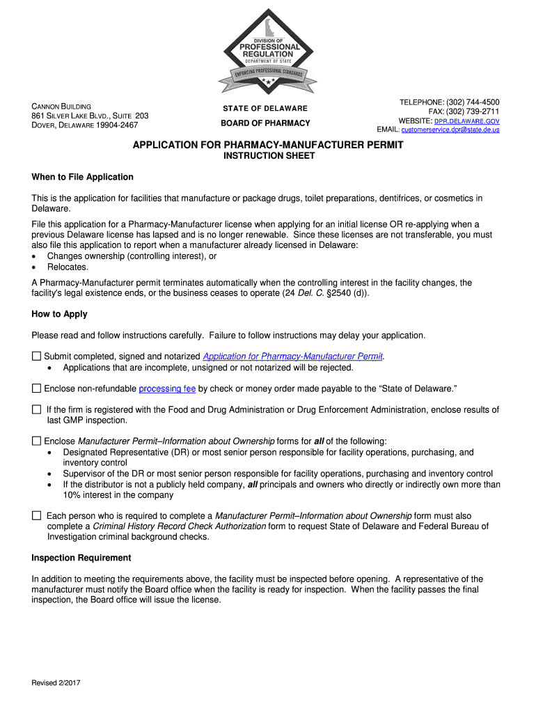 Fillable Online APPLICATION FOR PHARMACY-MANUFACTURER PERMIT Fax Email ...