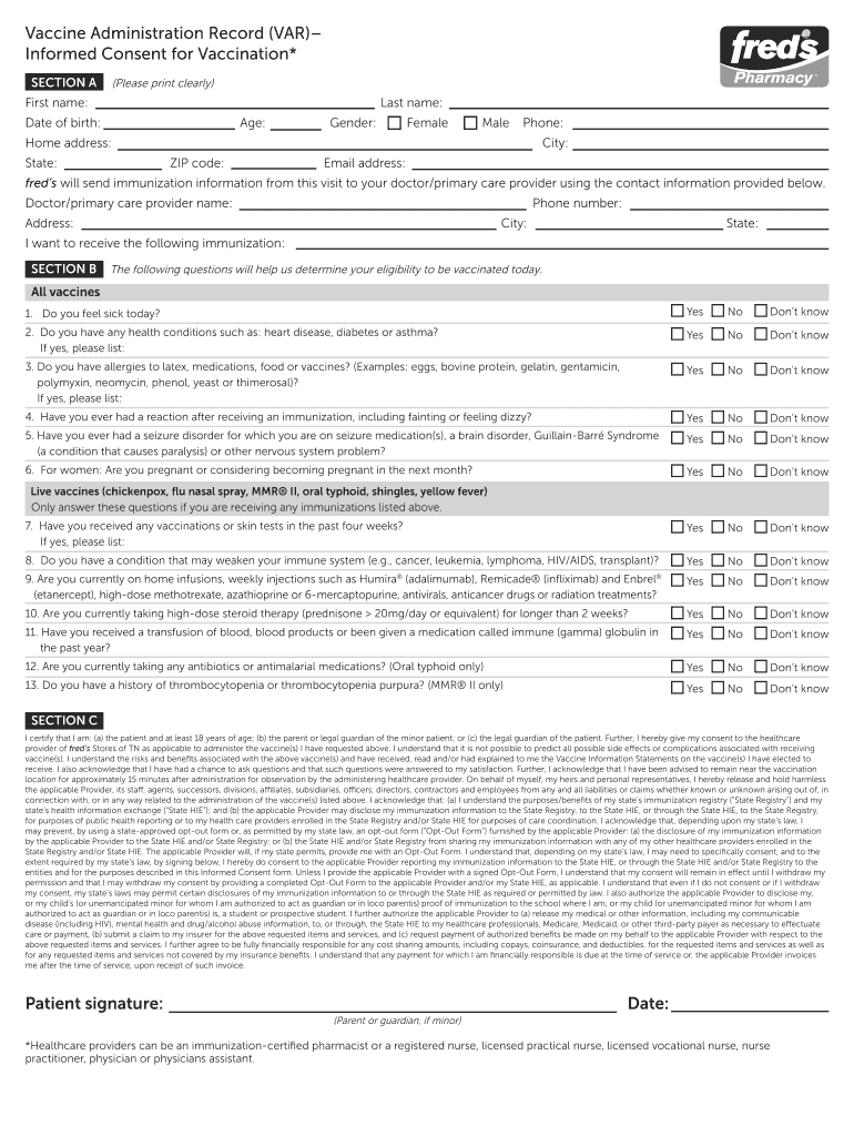 Fillable Online freds will send immunization information from this ...