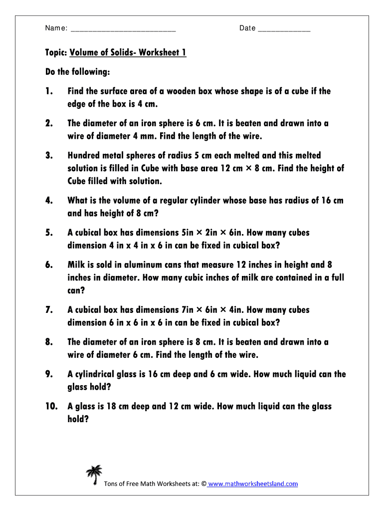 Fillable Online Topic: Volume of Solids- Worksheet 1 Fax Email Print ...
