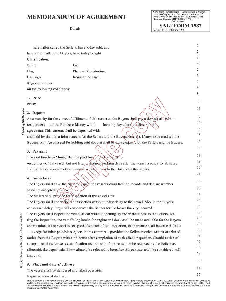 Norwegian Shipbrokers Associations Memorandum of Agreement for sale and purchase of Preview on Page 1