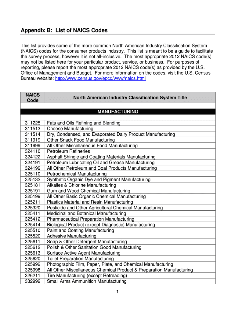 Fillable Online Appendix B List of NAICS Codes Fax Email Print pdfFiller