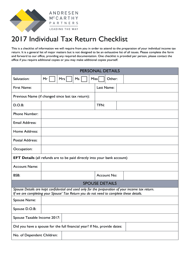 Fillable Online 2017 Individual Tax Return Checklist Fax Email Print