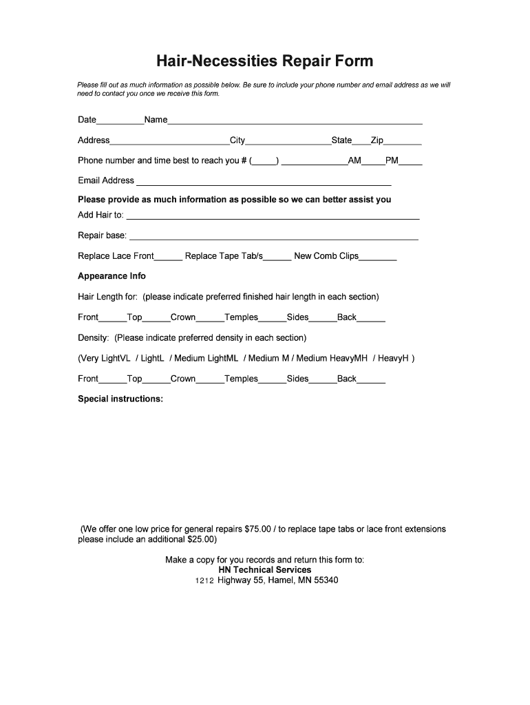 Fillable Online HairNecessities Repair Form Fax Email Print pdfFiller