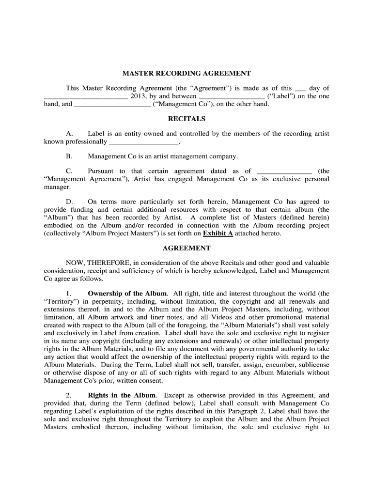 Fillable Online MASTER RECORDING AGREEMENT Fax Email Print pdfFiller
