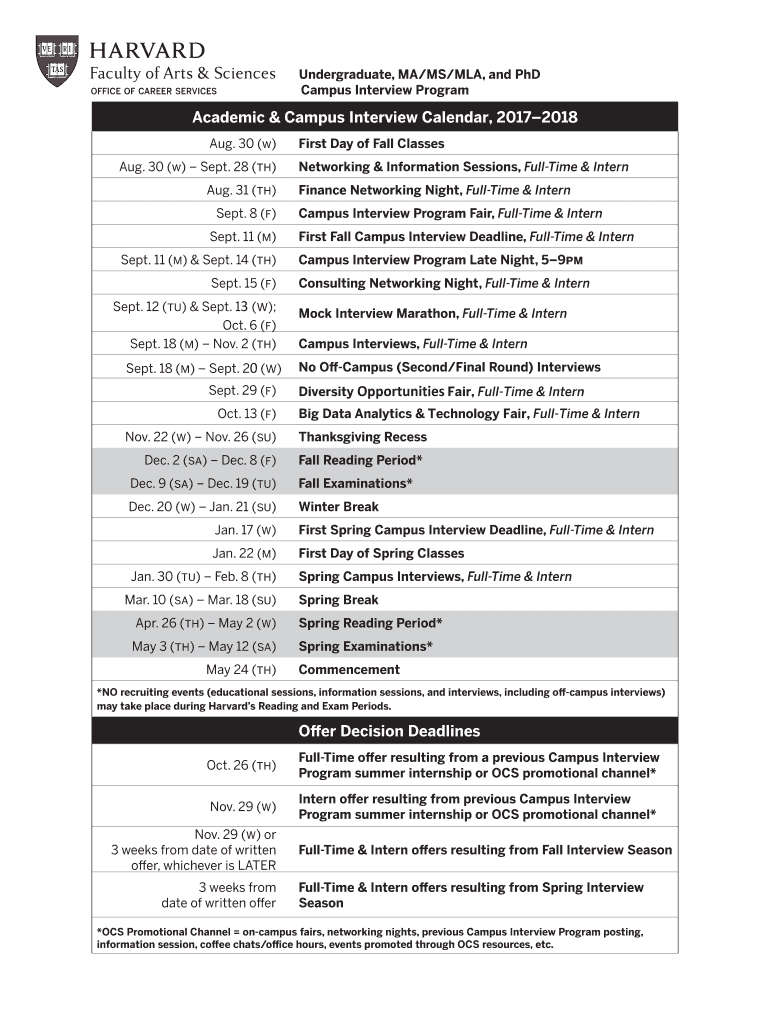 Fillable Online ocs fas harvard Academic & Campus Interview Calendar