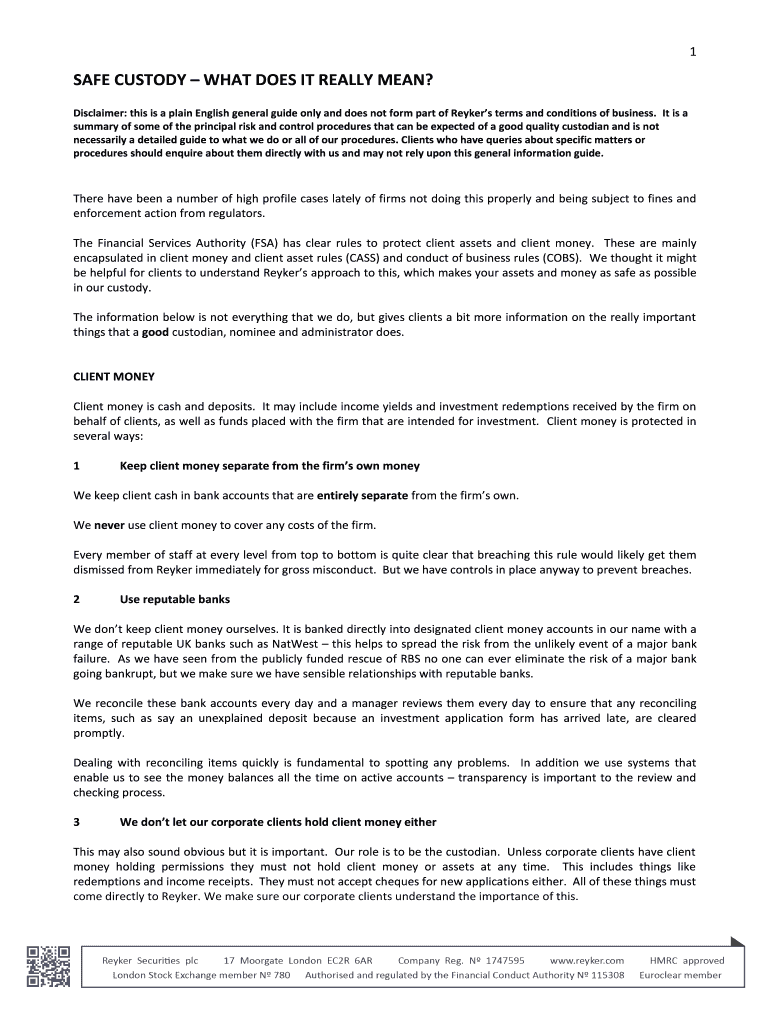 Fillable Online SAFE CUSTODY WHAT DOES IT REALLY MEAN Fax Email Print pdfFiller