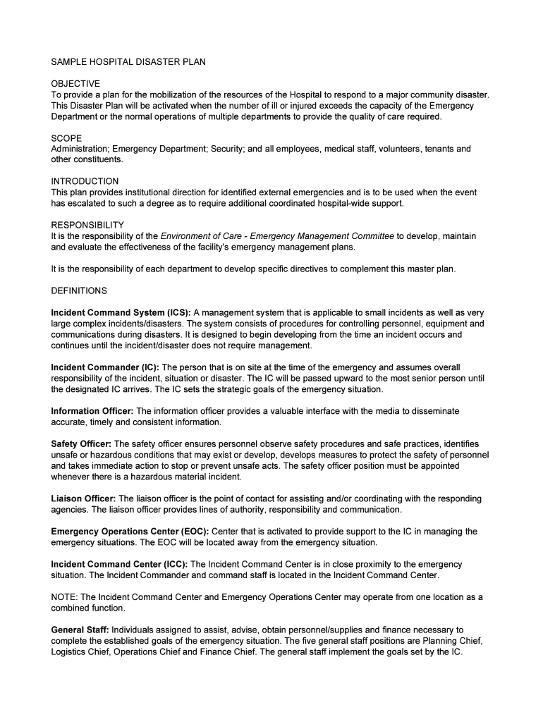 Fillable Online SAMPLE HOSPITAL DISASTER PLAN Fax Email Print pdfFiller