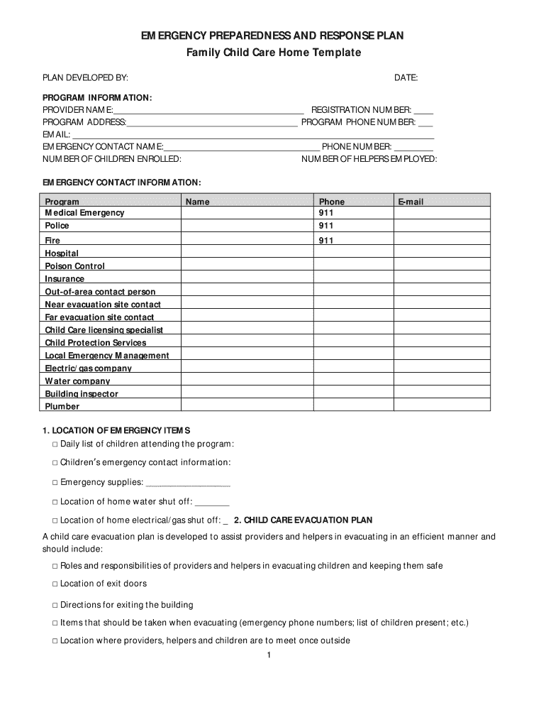 pa child care emergency plan template Preview on Page 1