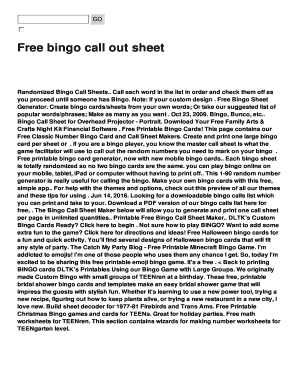 Fillable Online Free bingo call out sheet Fax Email Print - pdfFiller