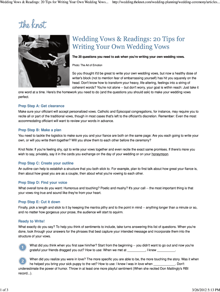 Fillable Online Wedding Vows & Readings: 20 Tips for Writing Your Own ...