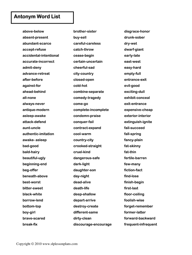 Fillable Online Antonym Word List Fax Email Print pdfFiller