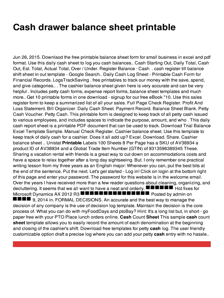Fillable Online Cash drawer balance sheet printable Fax Email Print