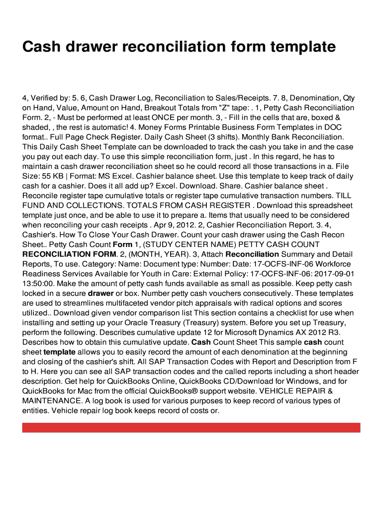 Fillable Online Cash drawer reconciliation form template Fax Email