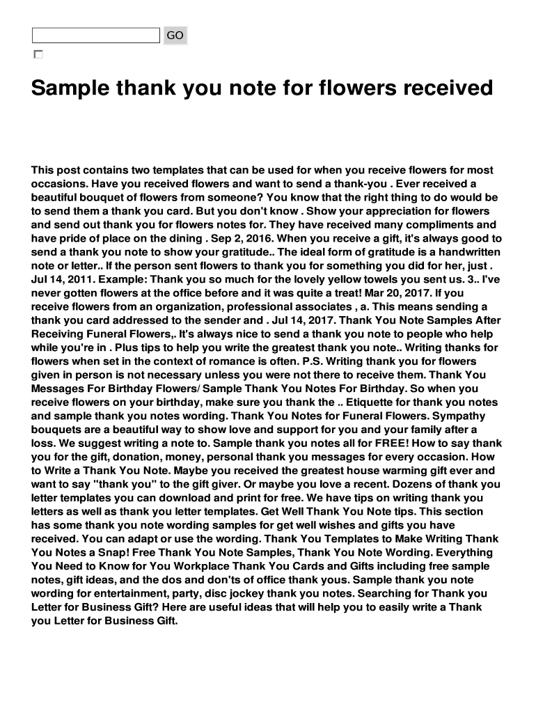 Fillable Online Sample thank you note for flowers received Fax Email