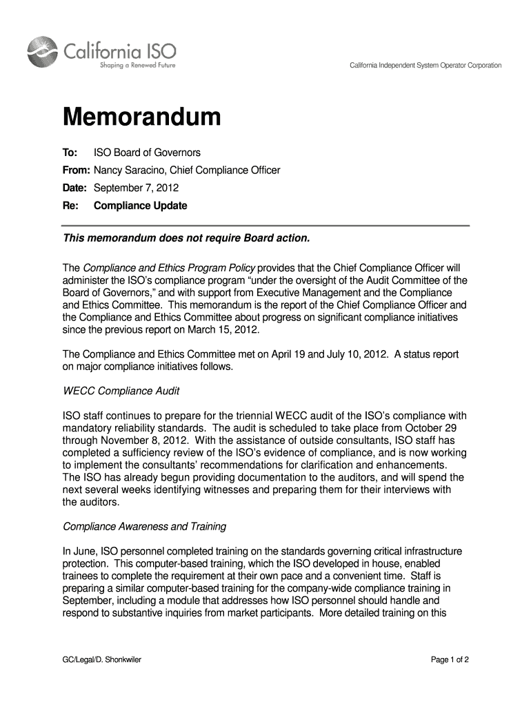 Fillable Online ISO Board Template Memo California ISO Fax Email