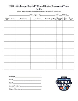 Fillable Online 2017 Little League Baseball Central Region Tournament ...