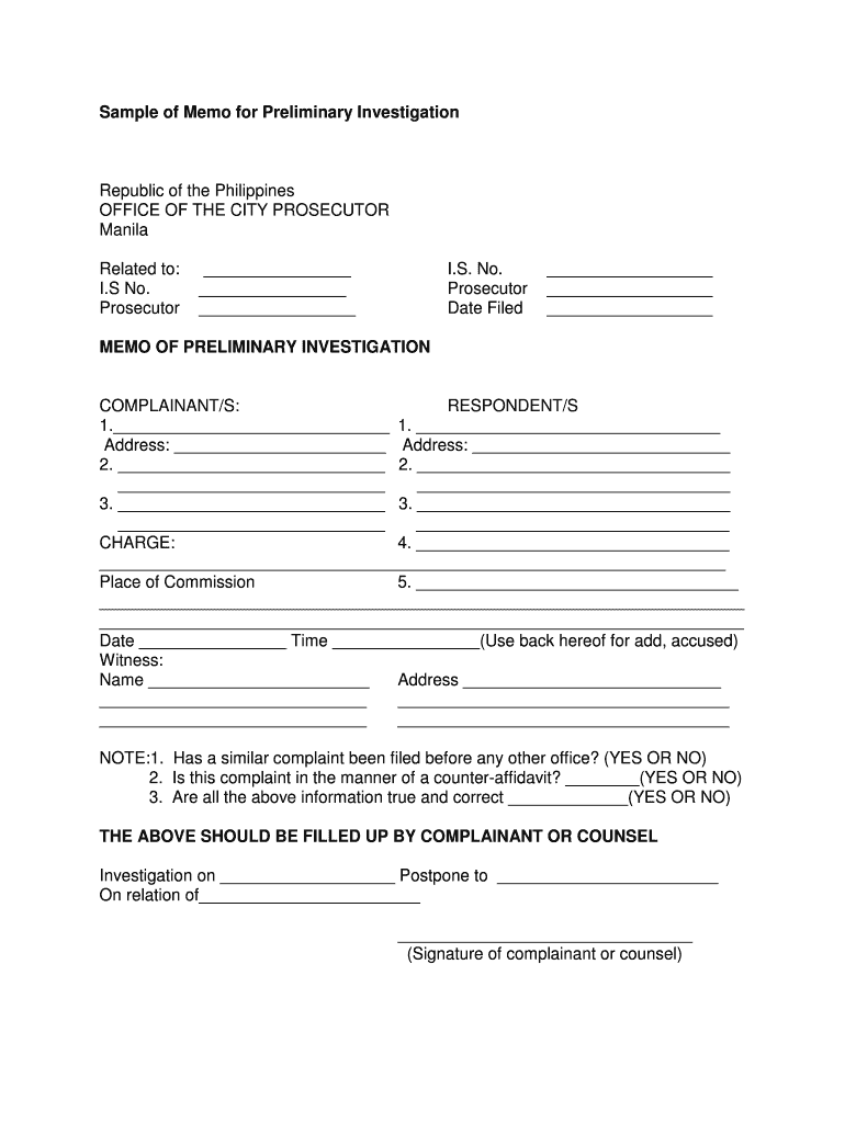 Fillable online sample of memo for preliminary investigation fax email