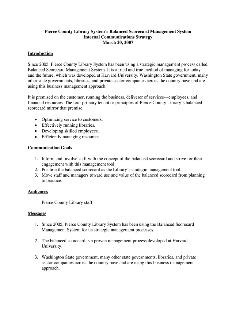 Fillable Online Pierce County Library Systems Balanced Scorecard