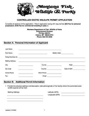 Fillable Online fwp mt CONTROLLED EXOTIC WILDLIFE PERMIT APPLICATION Fax  Email Print - pdfFiller