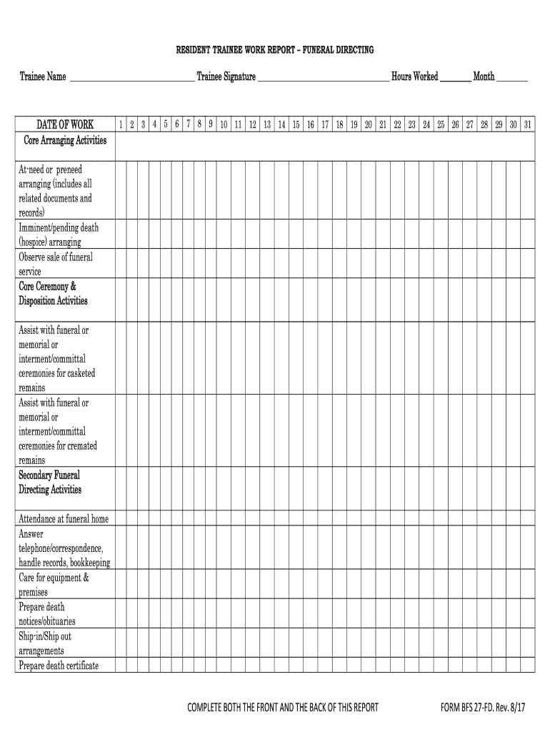 Fillable Online RESIDENT TRAINEE WORK REPORT FUNERAL DIRECTING Fax